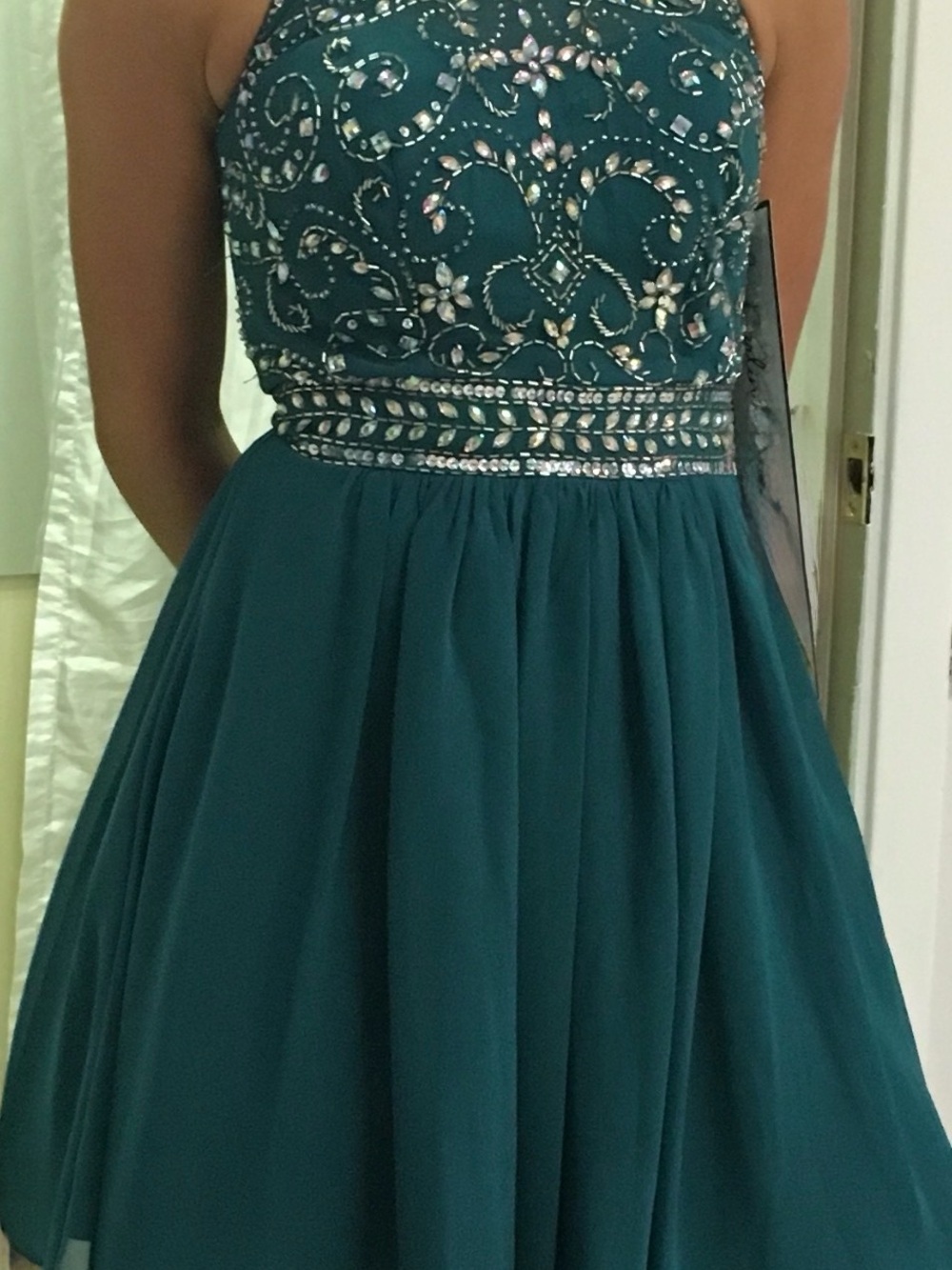 Embellished Teal Green Halter Mini Dress with Beaded Bodice